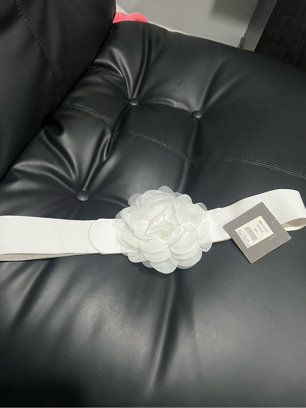 White Elastic Waist Belt with Floral Accent - Women Accessories